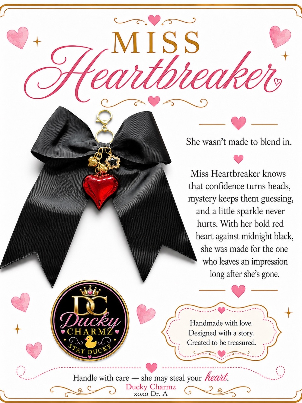 Ducky Charmz MISS HEARTBREAKER Handmade Bow Bag Charm Keychain 🖤❤️